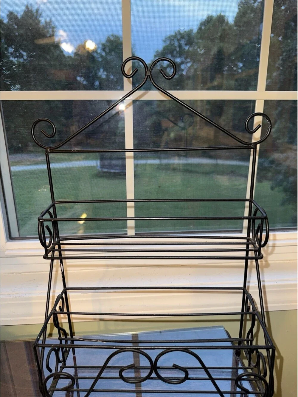 vintage,black wrought iron two-tier rack, sitting or hanging, MCM, country